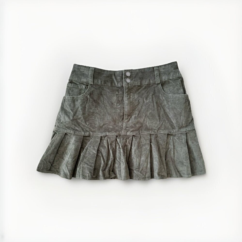 Hollister Corduroy Pleated Mini Skirt Womens S Army Green High Waist w Pockets